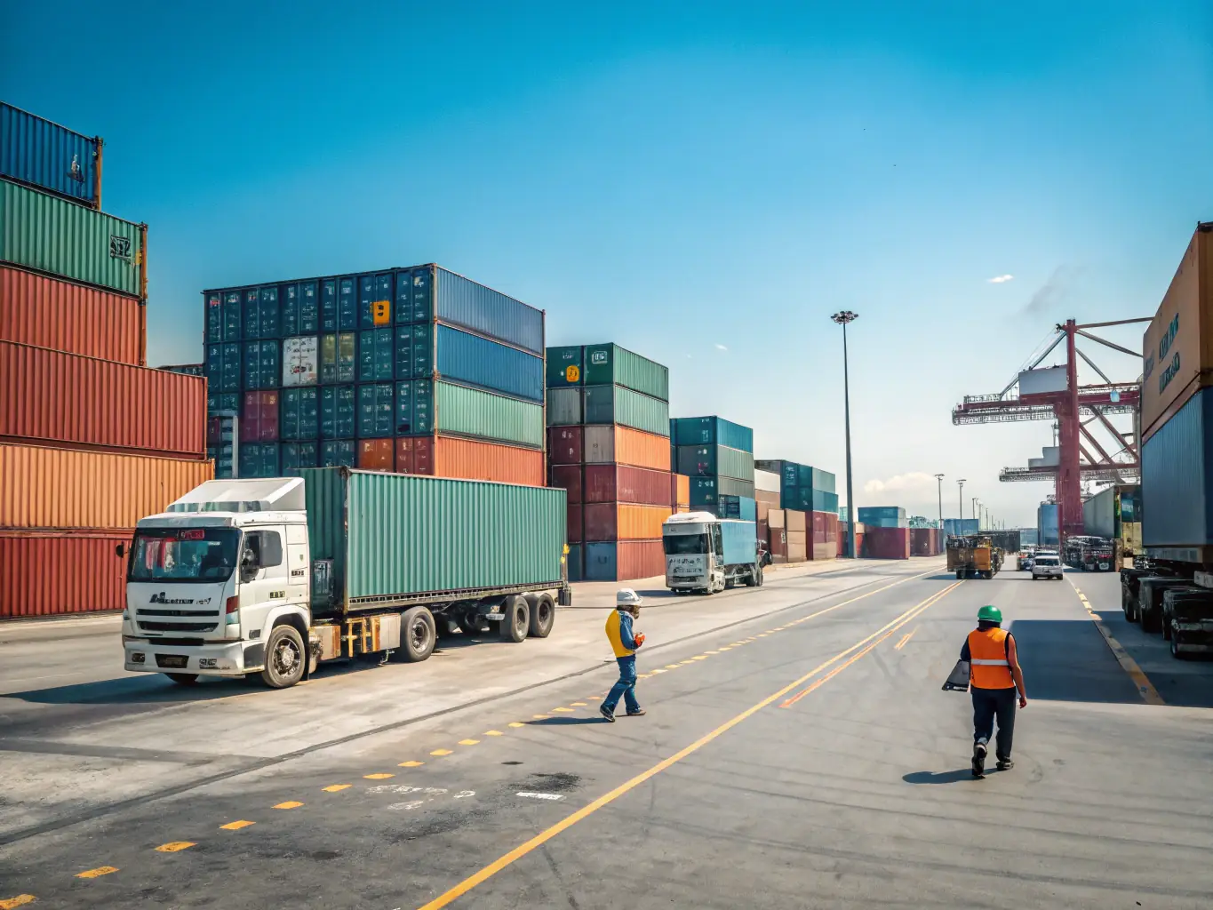 An image of cargo ships and airplanes at a busy port, symbolizing global shipping capabilities.