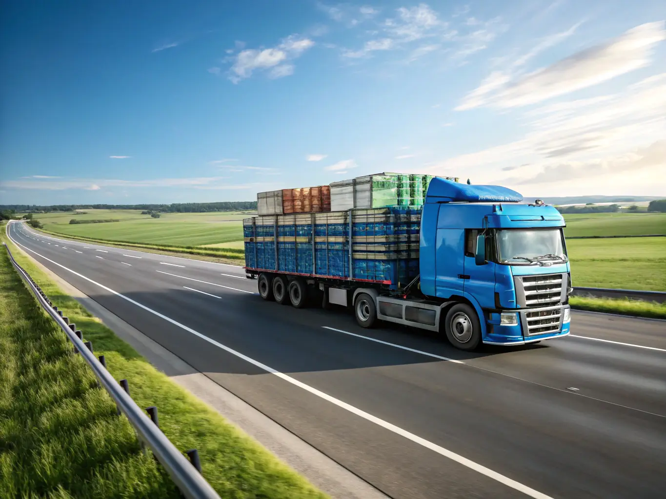 A truck transporting goods on a highway, with a scenic landscape in the background. The image should convey reliability and accessibility.