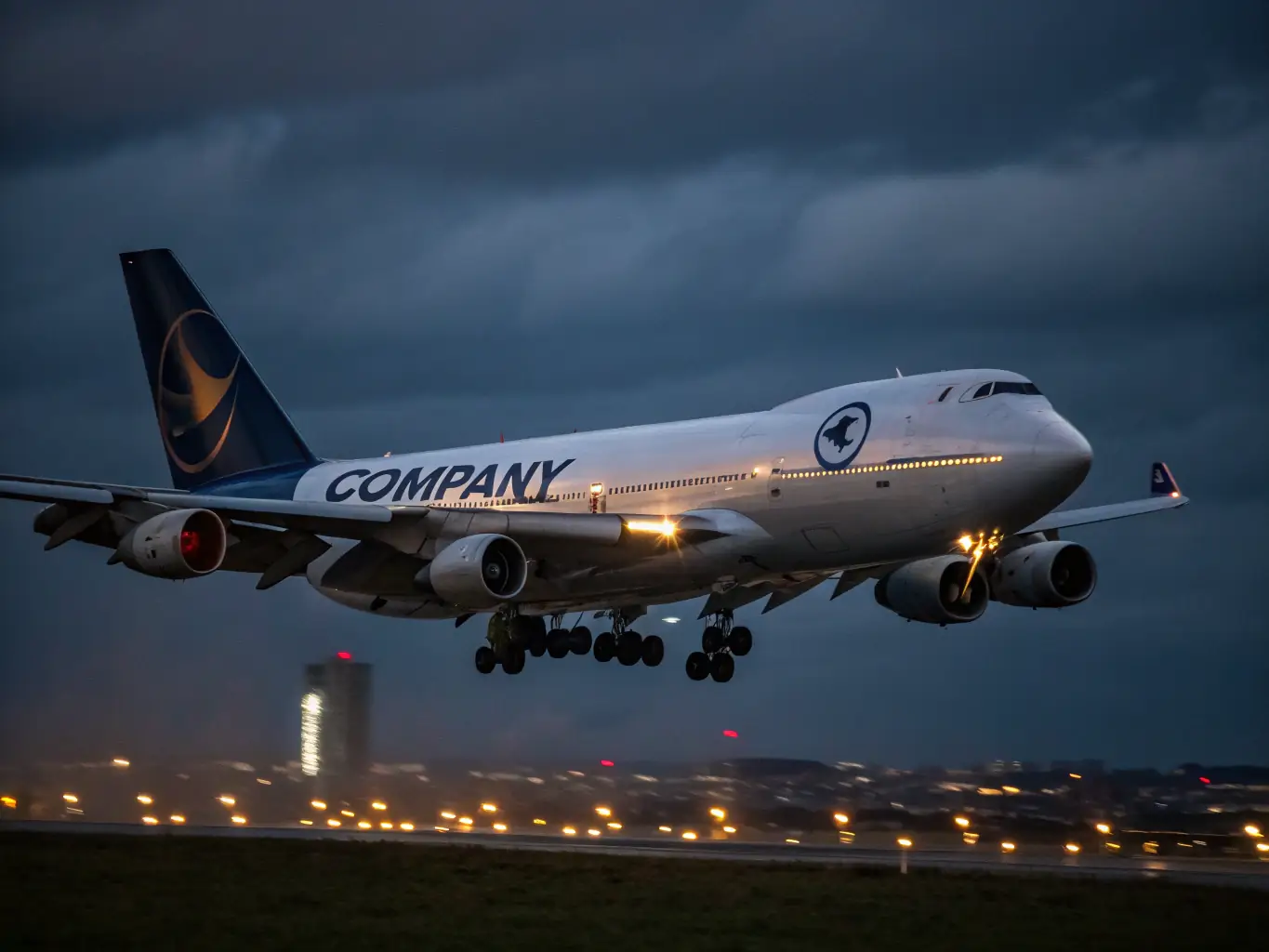 A cargo plane taking off from an airport runway at sunset, with the city skyline in the background. The image should convey speed and precision.