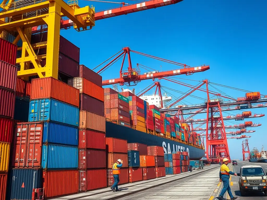 A container ship being loaded at a busy port terminal, with various cranes and logistics vehicles in operation, under a clear blue sky. The image should convey efficiency and global reach.